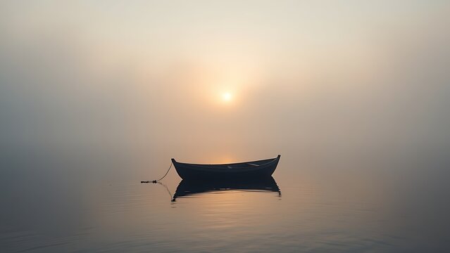 trimaran. A small boat silhouette on a misty lake at dawn with soft light and calm water. travel magazines, destination branding, designed for travel destination branding, inspires travel planning.