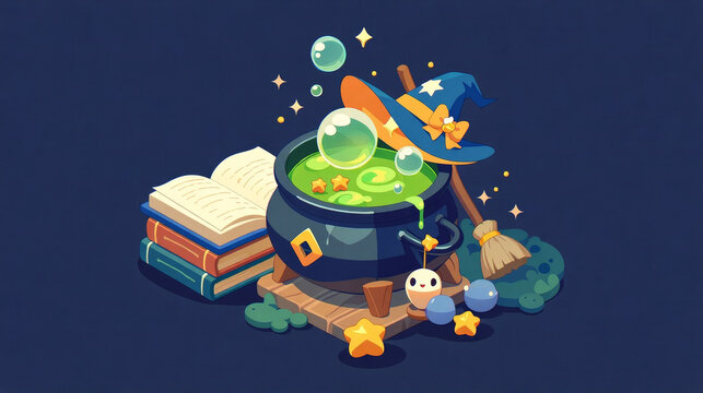 A magical cauldron with bubbling green potion spell book and wizard hat on a dark blue background fantasy illustration