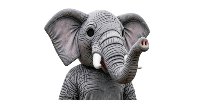 Elephant mascot costume with large ears and trunk, gray plush animal character suit, friendly zoo animal performer for events and parties isolated PNG with Transparent Background