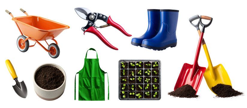 Set of gardening farming planting kit equipment, secateurs pruning shears, shovel trowel spade, rubber boots, fertiliser compost, apron, wheelbarrow, seed tray, seedling, transparent cutout PNG mockup