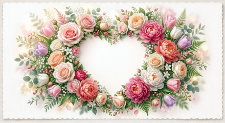 Fototapeta premium Blank Heart-Shaped Floral Frame Mockup with Pink Roses and Peonies on White Textured Paper, Elegant Greeting Card Template for Wedding, Valentine's Day, Mother's Day and Romantic Invitations.