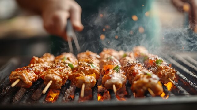 Delicious chicken skewers with colorful vegetables being grilled to perfection, showcasing the art of cooking and the joy of outdoor barbecues with smoky ambiance.