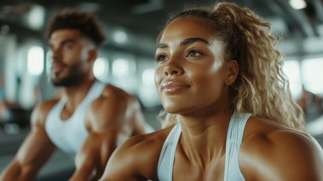 Two athletes engage in a determined workout focusing on their fitness goals, capturing an inspiring moment of discipline, strength, and teamwork in a modern gym environment.