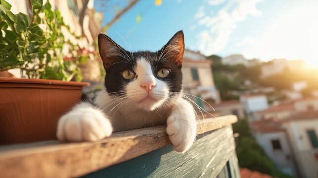 A charming cat lounging peacefully on a balcony in soft sunlight, capturing the essence of relaxation and contentment against a picturesque background.