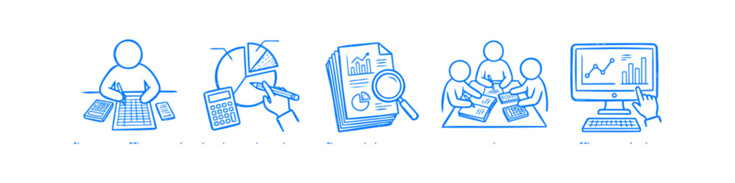 Hand-drawn blue icons set for business, financial analysis, and accounting. Includes people working on data, charts, calculators, and computer screens in a doodle sketch style on white background.