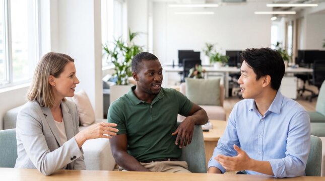 Diverse group of three coworkers having friendly discussion in modern office lounge, collaborative conversation and engaged expressions convey positive teamwork and relaxed professionalism