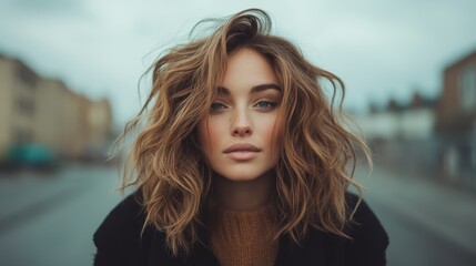 Obraz premium A striking portrait of a young woman with tousled hair, exuding confidence and charm against a muted backdrop, capturing raw emotion.