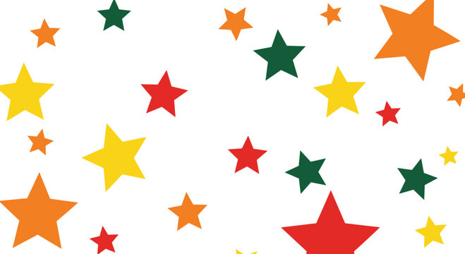 Colorful Star Pattern with Random Sizes and Bright Shapes Flat Vector Illustration for Festive Backgrounds, Kids Design, Wrapping Paper, and Decorative Graphics