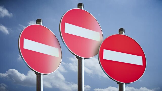 Three rotating no entry signs on poles against sky, modern 3D prohibition traffic sign animation with fixed camera and alpha channel