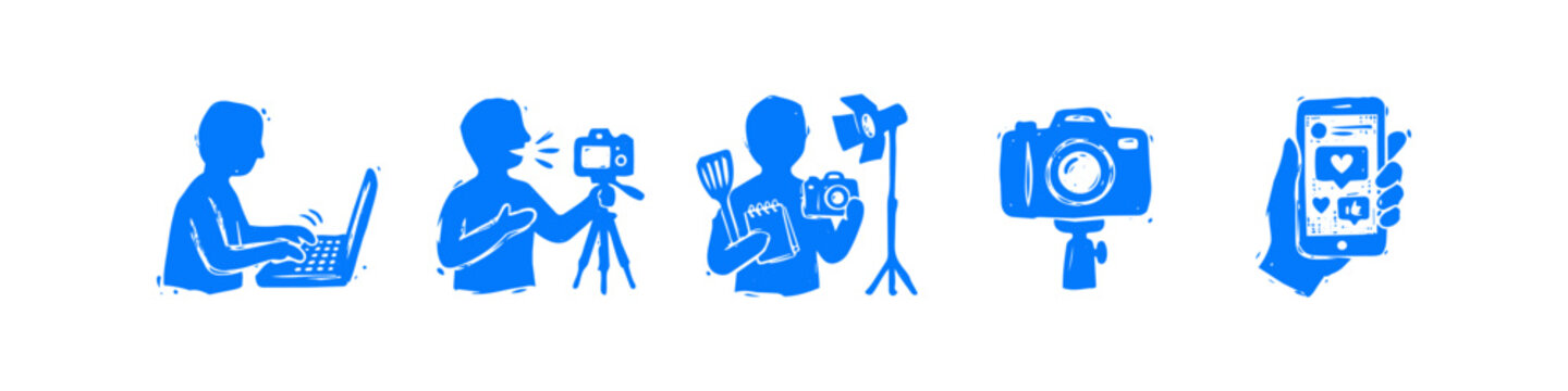 Creative blue hand-drawn icons representing content creation and social media vlogging. Set includes influencer activities, digital tools, cameras, and mobile engagement in a sketchy stamp style.