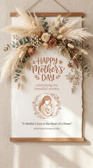 Naklejka premium Happy Mother's Day greeting card on hanging paper scroll with beautiful dried pampas grass and flowers, boho style interior decoration, motherhood celebration, floral wall art with quote.