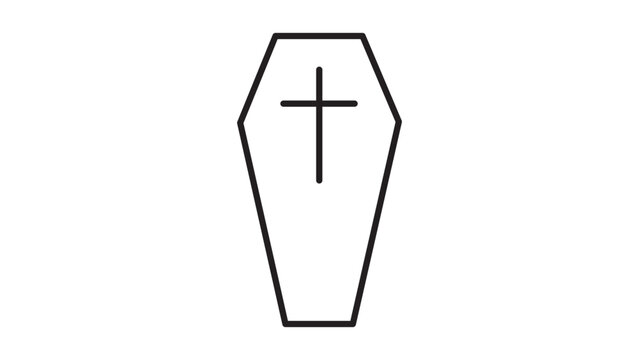 Coffin Vector Icon with Cross, Minimalist Black Line Illustration on White Background, Funeral and Burial Symbol, Editable Stroke for Customizable Line Weight, Scalable Graphic Design Element.