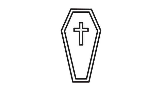 Minimalist Coffin with Cross Editable Stroke Vector Icon. Clean Black Outline Illustration of a Classic Hexagonal Casket for Funeral, Death, Burial, and Cemetery Themes on White Background.