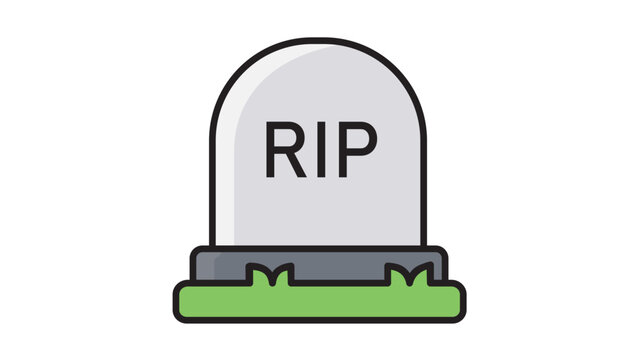 Tombstone RIP Grave Marker Modern Flat Vector Icon on White Background. Rounded Headstone Illustration with Grass Patch, Editable Stroke for Cemetery, Funeral, Death, and Memorial Design Projects
