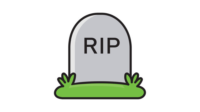 Modern Flat Vector Icon of a Rounded Tombstone with RIP Text on Green Grass, Isolated on White Background. This Editable Stroke Vector Illustration is Perfect for Halloween or Funeral Designs.