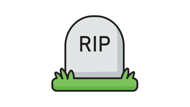 Modern Flat Vector Icon of a Rounded Tombstone with RIP Text on a Patch of Grass, Isolated on White Background. This Editable Stroke Illustration is Perfect for Cemetery, Death, and Funeral Themes.