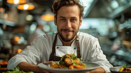 Fototapeta premium A joyful and smiling chef presents a beautifully arranged plate of gourmet food in a vibrant kitchen, symbolizing the passion and creativity inherent in modern culinary arts.