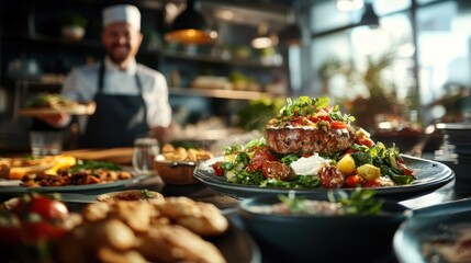 Obraz premium An experienced chef proudly showcases a delicious and vibrant dish in a bustling kitchen, highlighting the art and passion behind culinary creations and gourmet cuisine.