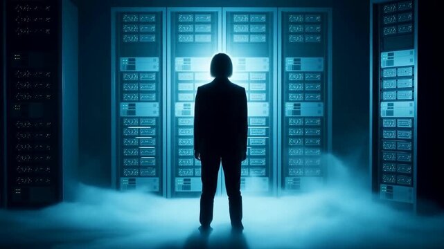 Static shot of silhouetted person standing before glowing server racks with fog and backlight inside data center aisle with blue lighting and dramatic atmosphere