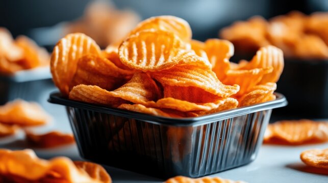 A close-up of a container filled with golden-brown ridged potato chips, illustrating the delicious appeal of a crunchy snack that tempts the taste buds of many.