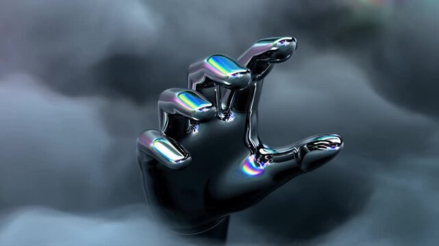 Tracking dolly zoom of chrome hand emerging and reaching through dense fog and vapor in dark studio with reflective iridescent surface and clouds