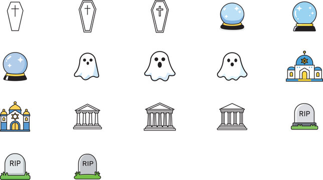 17 Minimalist Vector Icon Set with Editable Stroke: Spooky Ghost, Funeral Coffin, Magic Crystal Ball, Jewish Synagogue, Ancient Greek Temple, and RIP Tombstone. Customizable Line Weight Bundle.