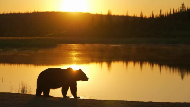 Tracking shot of bear walking along lakeshore with sunrise reflection over calm water in forested wilderness