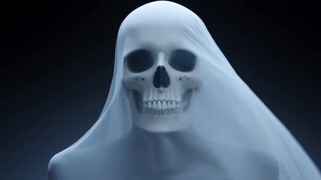 Slow dolly in of skull under translucent shroud emerging toward camera over low key lighting in dark studio environment
