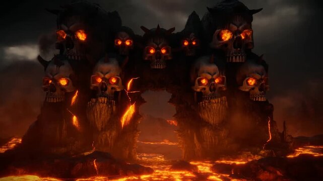 Tracking shot of towering demonic skull arch with glowing molten lava flowing through volcanic hellscape cavern at night