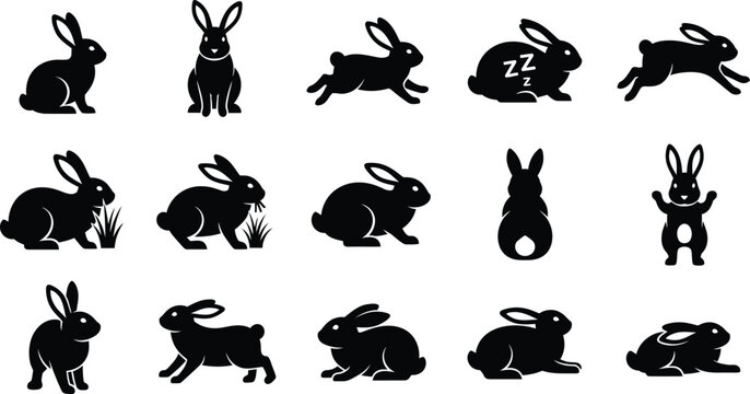 Adorable rabbit and bunny silhouette vector icon set for easter and nature design