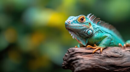 Fototapeta premium A vibrant iguana perched on a log showcases its stunning turquoise and orange colors, representing the beauty of biodiversity in natural wildlife.