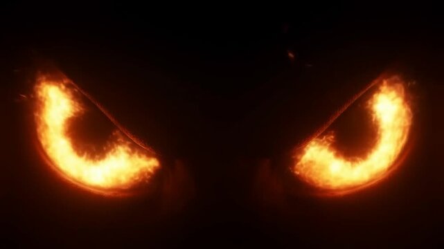 Slow motion close up of fiery eyes flickering and widening against dark background revealing burning pupils and glowing ember light in void