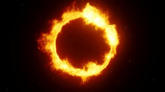 Rotating shot of fiery ring of flame swirling and burning on black background in seamless looping visual effect