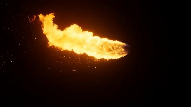 Tracking shot of flaming projectile streaking across dark void and night sky with trailing sparks glowing ember trail and burning motion