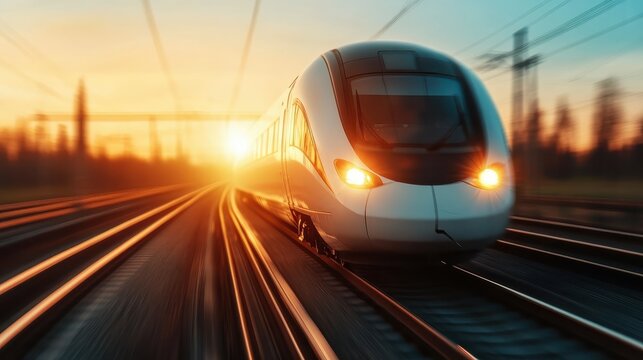 An exciting depiction of a modern high-speed train speeding along the tracks as the sun sets, symbolizing progress and the thrill of travel.