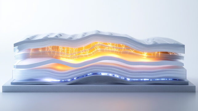 Abstract cross section of layered materials with glowing energy waves showing internal structure and composition for industrial technology or scientific research concepts