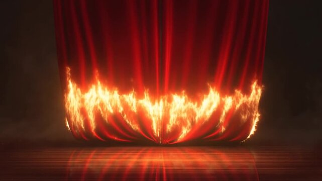 Static shot of red theater curtain slowly igniting and burning up from bottom hem on wooden stage with flames smoke and glowing reflections on floor