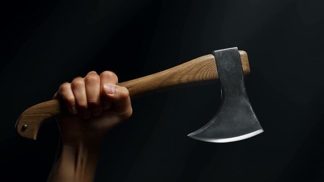 Handheld tracking shot of hand gripping and raising axe against dark studio backdrop with wooden handle rotating into frame