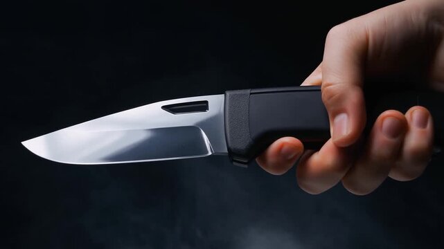 Tracking shot of hand holding folding knife sliding across dark smoky studio background close up reflective blade