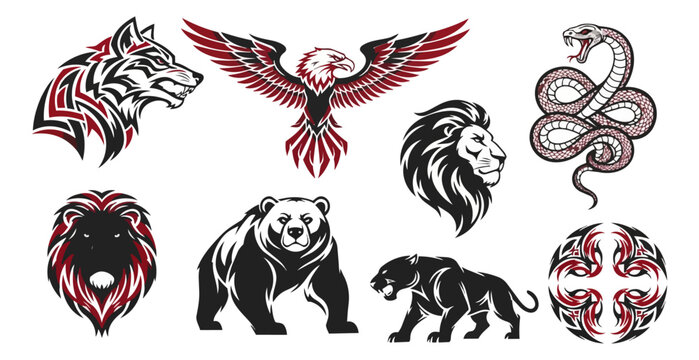 Animal crests and emblems in bold red and black vector design