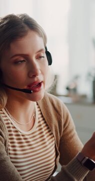 Remote work, advice and woman in house with headset, contact us or crm service in helpdesk. WFH, mic and call center agent in home with technology, online assistance or feedback in customer support.