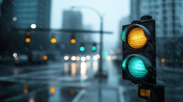 A traffic signal displaying a green light amidst falling rain symbolizes safe travel while capturing the serene beauty of a rainy urban landscape in the soft glow of the lights.