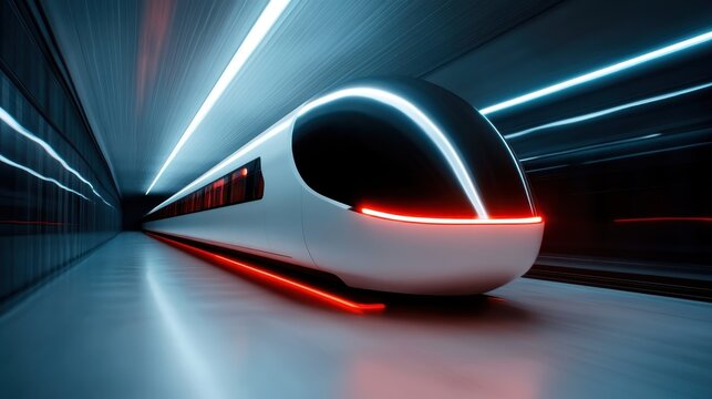 A sleek, futuristic maglev train blurs past on a glowing track, symbolizing the advancement of technology and modern transportation in a vibrant setting.