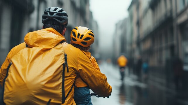 A tender moment captured of a parent and child cycling together on a rainy day, both wearing matching yellow rain jackets in a beautiful, foggy urban setting.