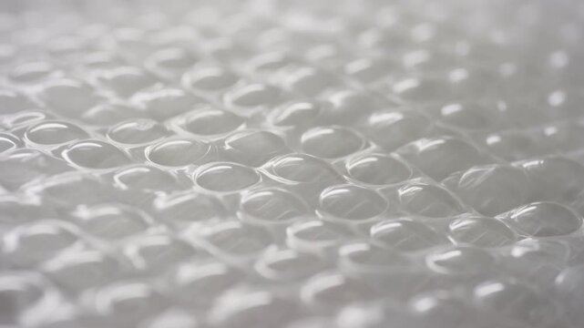 Slow dolly close up of bubble wrap surface showing repeating air bubbles and subtle shimmer on tabletop studio background