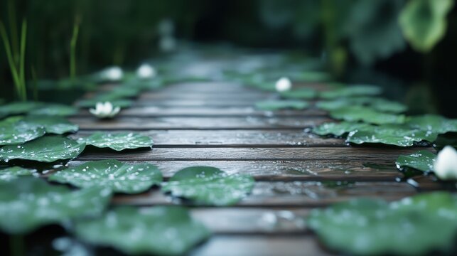 A tranquil wooden pathway is surrounded by lush greenery, inviting viewers to immerse themselves in nature's calmness and beauty, creating a serene atmosphere for exploration and peace.