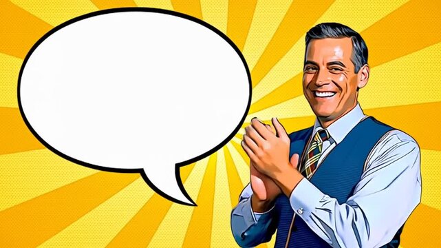 Static shot of businessman clapping in pop art comic scene with speech bubble on yellow halftone background for promotional illustration