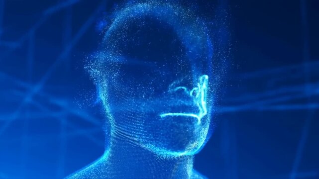 Slow motion holographic head dissolving into particles with subtle zoom in virtual blue network background