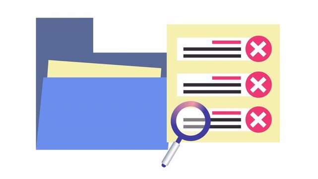 Rejected check mark on document checklist verification in research folder in a cartoon animation. Flat design of file review and approval process concept in the alpha channel. Audit data validation.