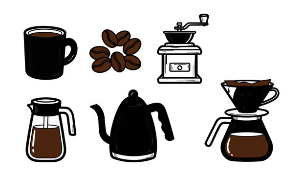 Coffee making equipment illustration on black background